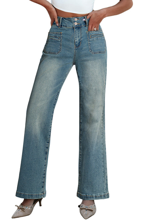 Vintage Wash Double Button Front Patch Pocket Flare Jeans